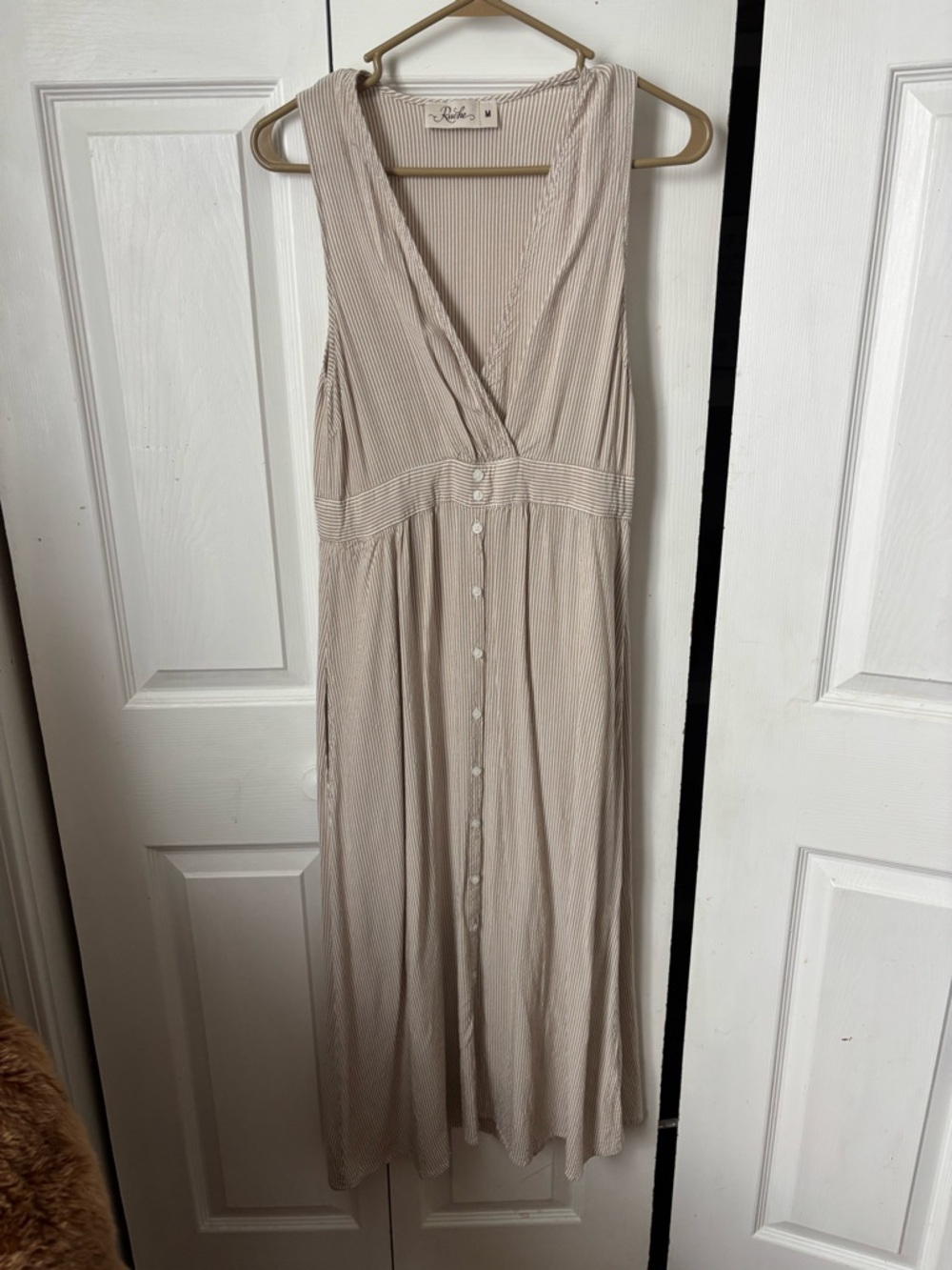 Ruche Sleeveless V-Neck Button-Front Midi Dress in Light Beige